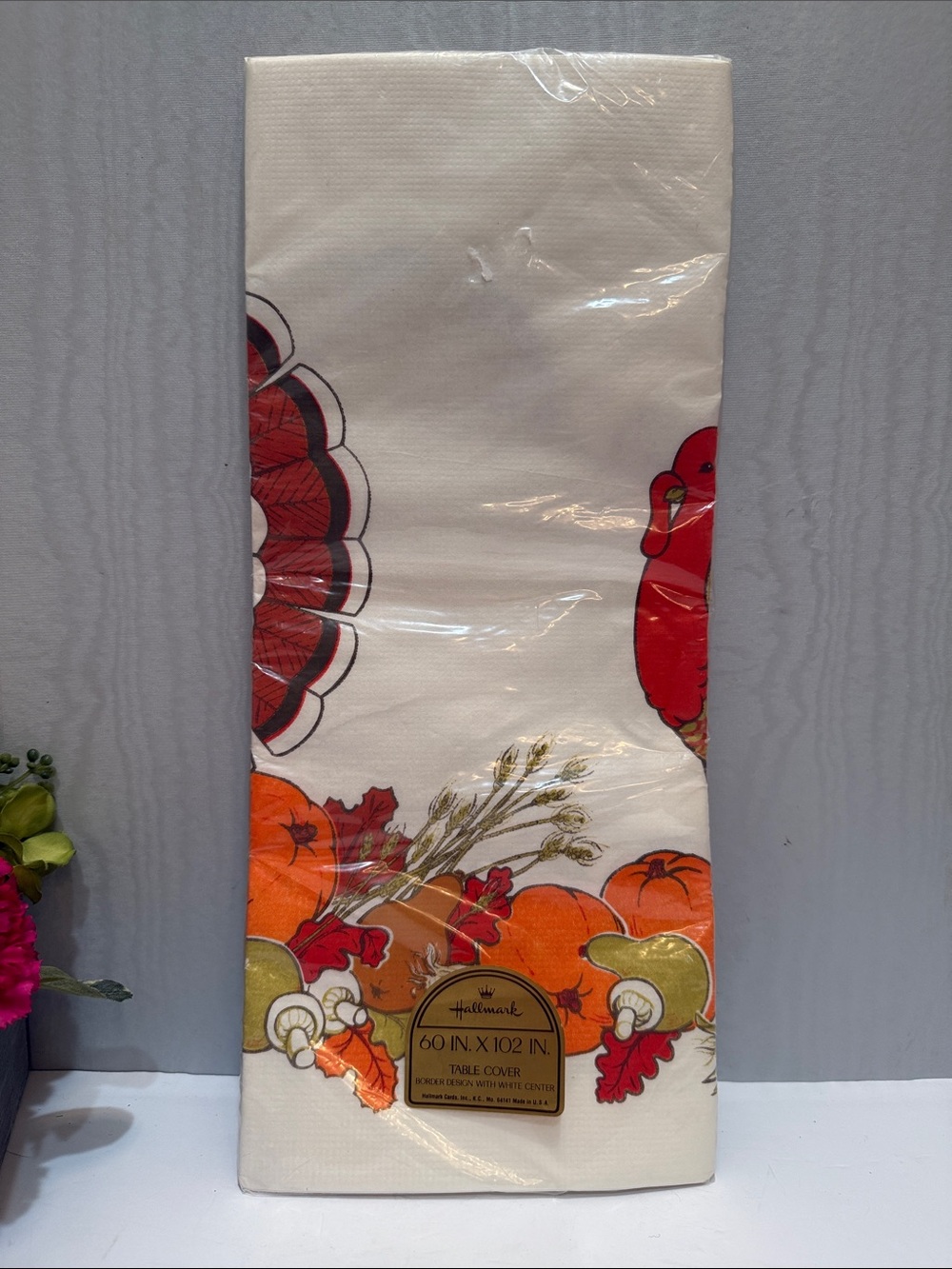 VTG Hallmark Thanksgiving Paper Tablecloth 60x102 Turkey Pumpkin Border NOS